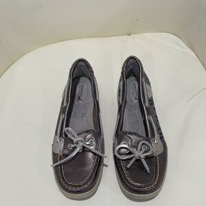 Sperry Top-Siders. Pewter leather with Lepard trim and silver laces. Size 7.5